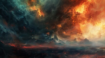 Abstract Nebula Landscape with Fiery Sky and Volcanic Sea