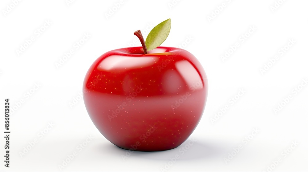 Poster a photo of a red apple with a green leaf on a white background. the apple is facing the camera and i
