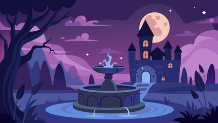 Spooky Halloween landscape background with a fountain
