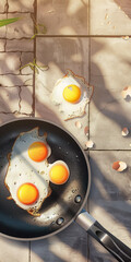 Sidewalk Egg Frying Day: pan with three fried eggs, banner copy space, sunny