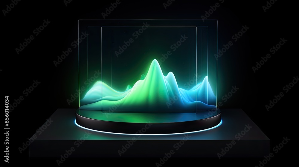 Poster 3d rendering of a glowing green and blue wave. the wave is surrounded by a black background and a gl