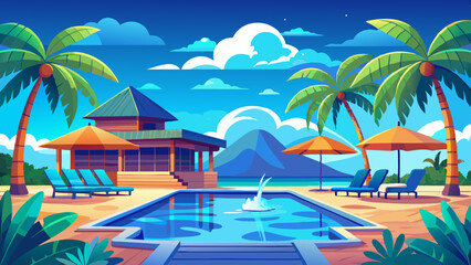 Stunning landscape with a swimming pool, blue sky, and tropical resort vibes in Maldives. Luxury travel vacation vector illustration