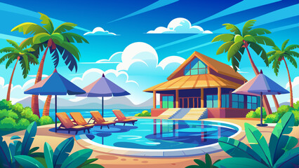 Stunning landscape with a swimming pool, blue sky, and tropical resort vibes in Maldives. Luxury travel vacation vector illustration