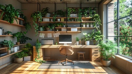Home office with floor-to-ceiling plant shelves and minimalist design.