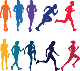 set of man and women running , marathon, jogging silhouettes with various of color,  vibrant color, suitable for sport template design.	
