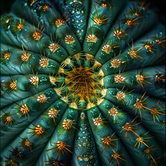 Obraz premium Macro shot of cactus with clochids from above, spikes of green cactus