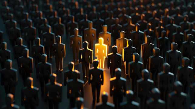 personnage qui s'illumine et qui se démarque dans la foule des candidats sombre et identique