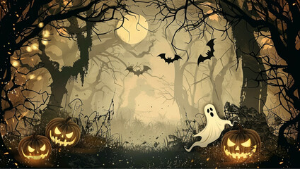 Halloween night background with pumpkins and dark forest and twinkling lights. Happy Halloween.
 The concept of Halloween Day with copy space