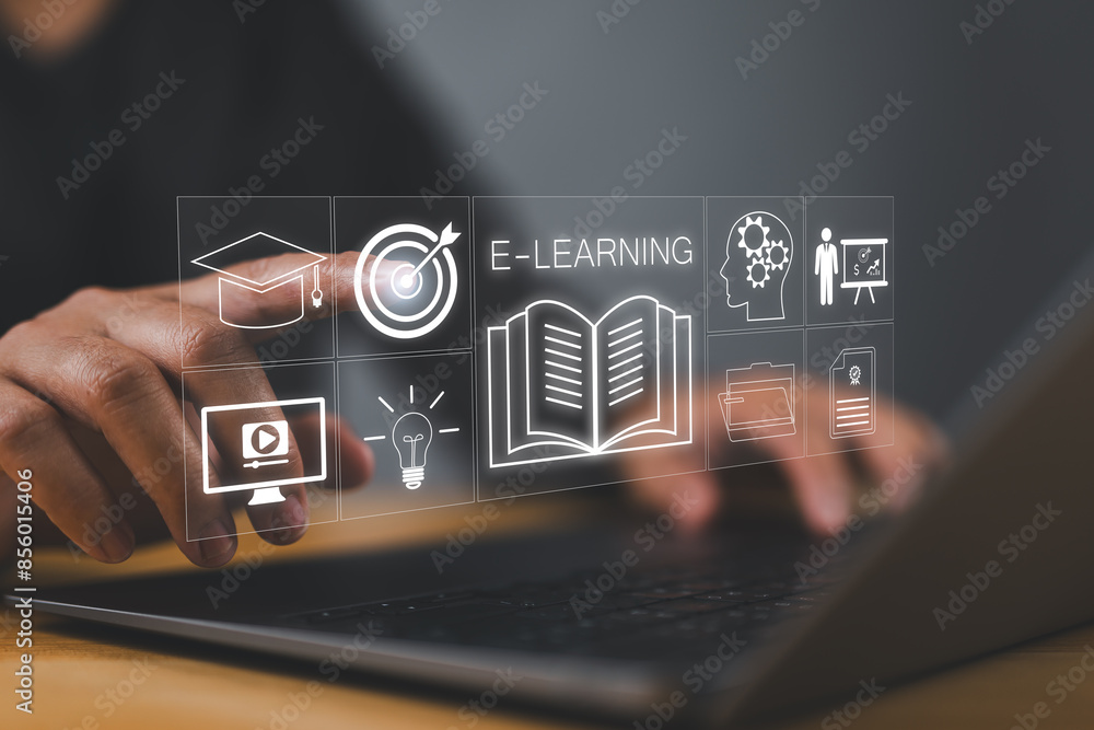 Poster e-learning on a laptop. learning icon, library on the internet website. concept of lesson learning e-book training digital online. course education in webinar technology