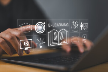 e-learning on a laptop. learning icon, library on the internet website. concept of lesson learning...