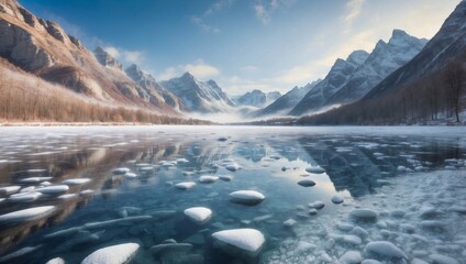 Scenic View of Frozen Lake Under Crisp Skies