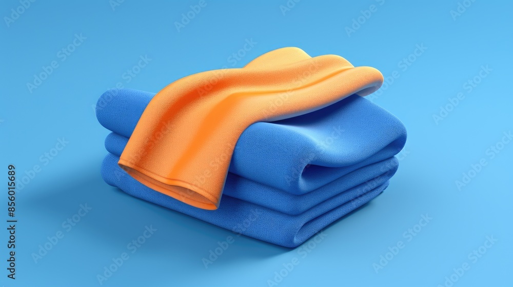 Poster 3d rendering of a stack of folded towels in blue and orange colors on blue background. soft and fluf