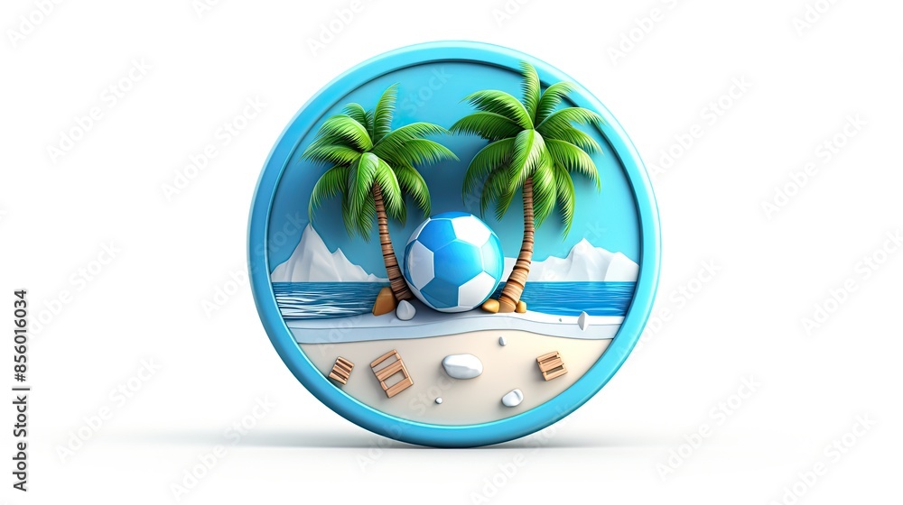 Poster 3d rendering of a beach scene with a soccer ball on the sand between two palm trees.