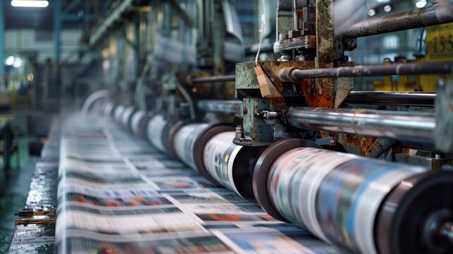 Newspaper being printed by a machine in a factory, showcasing the detailed mechanics and process, raw and unfiltered style