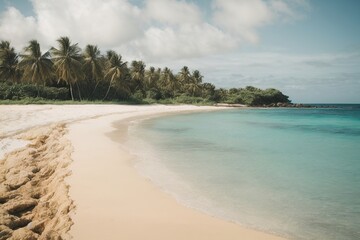 Sandy tropical beach with island on background