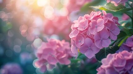Obraz premium Beautiful pink hydrangea flowers in a garden, with a blurred background of greenery and sunlight. A lush hydrangea plant with large flowers on the right side of the frame.