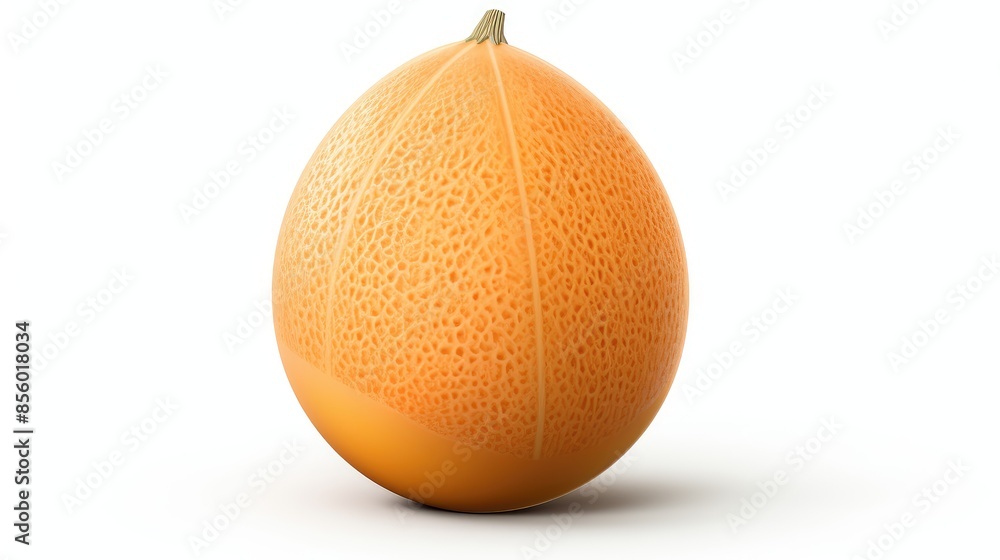 Poster 3d rendering of a cantaloupe melon on a white background. the melon is slightly angled to the side, 