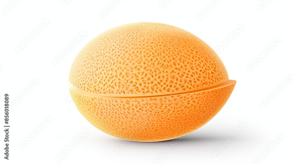 Poster a 3d rendering of a cantaloupe melon. the melon is orange and has a netted rind. it is cut in half, 
