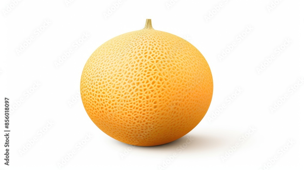 Poster a 3d rendering of a cantaloupe melon on a white background. the melon is slightly angled to the righ