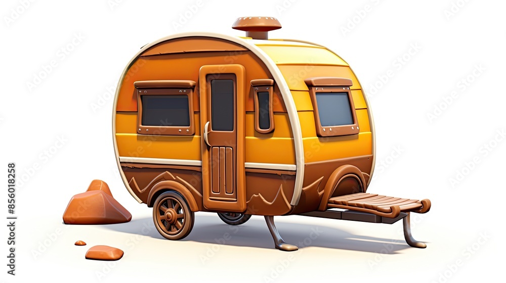 Poster this is a 3d rendering of a vintage camper trailer. it has a rounded roof and a single door on the s