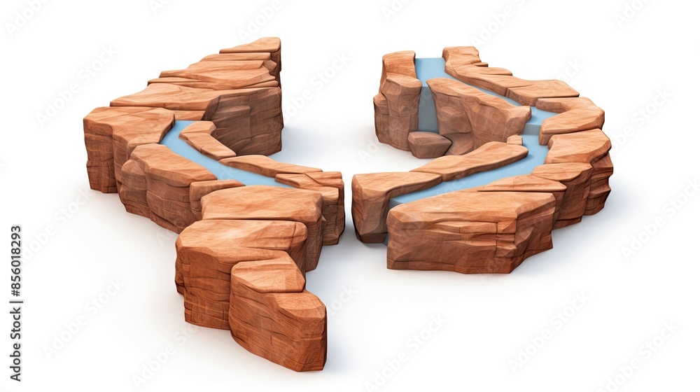 Poster a 3d rendering of a canyon with a river running through it. the canyon is surrounded by tall, rocky 