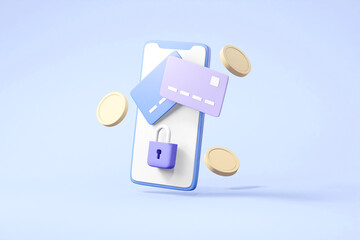 Fototapeta premium 3D Render of Smartphone with Credit Card, Padlock, and Coins - Secure Mobile Payment Concept