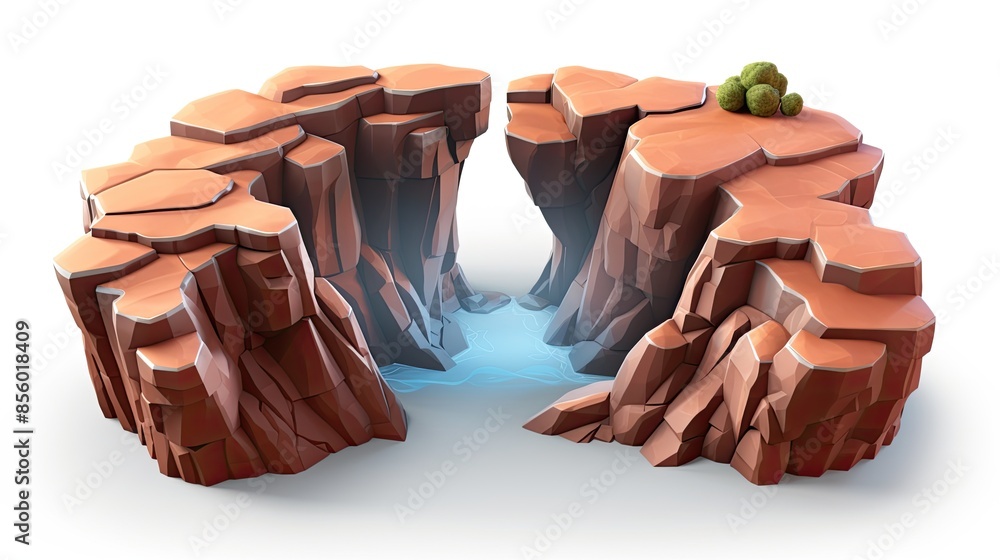 Poster a 3d rendering of a canyon with a river running through it. the canyon is surrounded by tall, rocky 