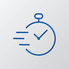 Clock simple icon vector. Flat design. Paper cut design. Cutted blue symbol with shadow. Gray background