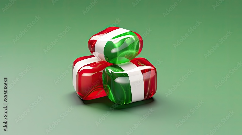 Poster 3d rendering of three wrapped candies in red and green colors with white stripes stacked on top of e
