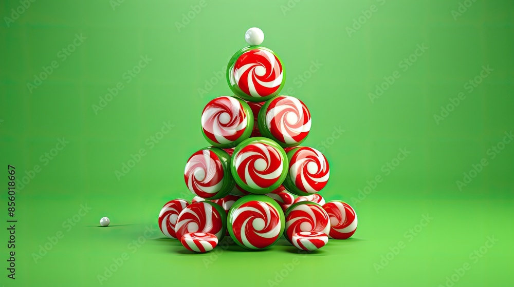 Poster 3d rendering of a stack of red and green peppermint candies in the shape of a christmas tree, with t