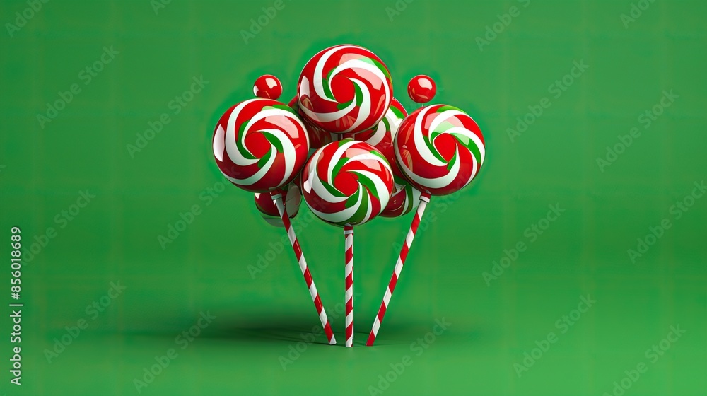 Poster 3d rendering of a group of lollipops with red and white stripes.