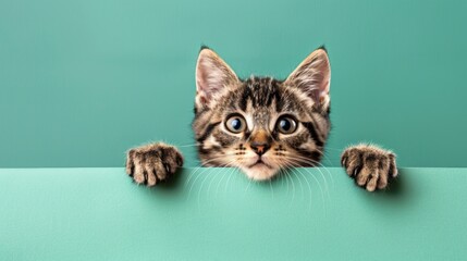 Kitten head with paws up peeking over green background