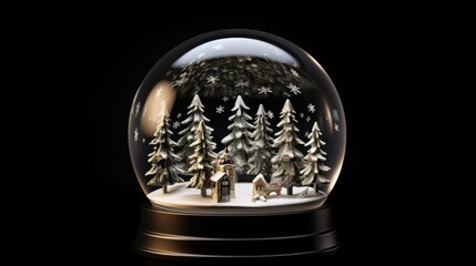 A snow globe with a winter scene inside. There are snow-covered trees and a house. The globe is made of glass and has a black base.