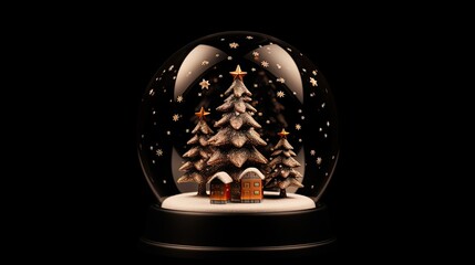 A beautiful snow globe with a Christmas tree inside. The snow globe is made of glass and has a black base.