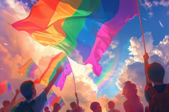 A group of people holding rainbow flags, looking at the sky with a huge colorful rainbow in it.