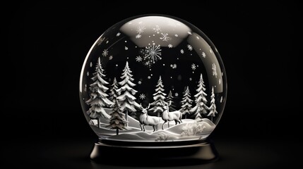 Elegant and detailed snow globe with two deer standing in a snowy forest. The globe is made of glass and has a black base.