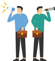 Office workers holding megaphone, binoculars and spyglass. Business people searching for new opportunities or employees flat vector illustration. HR, recruitment, career concept for banner
