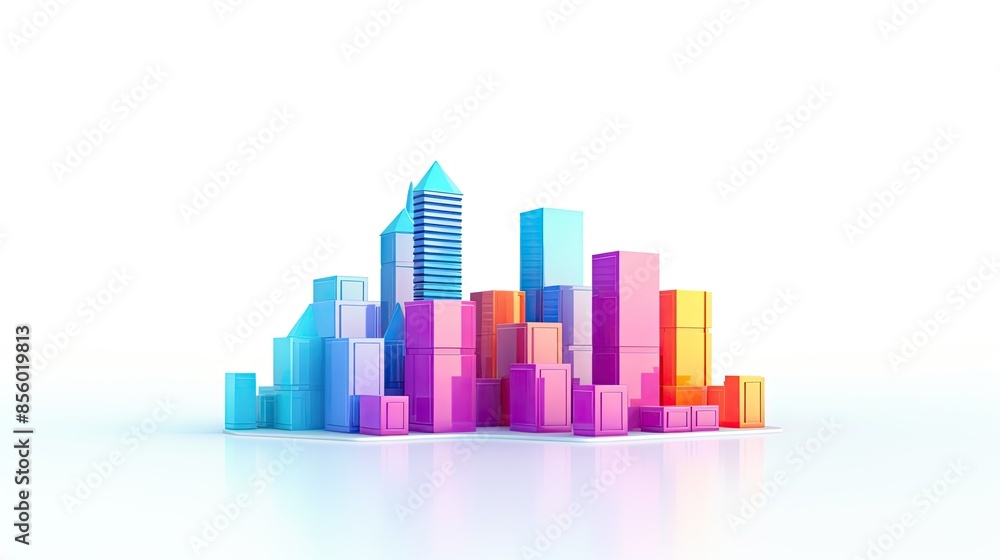 Poster a 3d rendering of a colorful city. the buildings are all different colors and shapes.