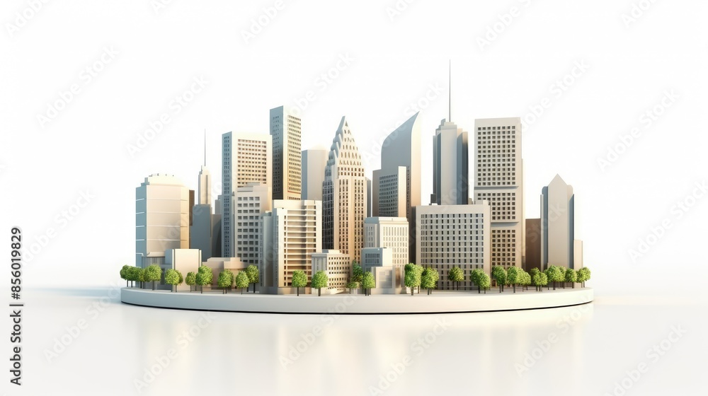 Poster 3d rendering of a modern city with skyscrapers and trees. the city is located on a white disk and is