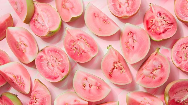Slices of pink guava as background.
