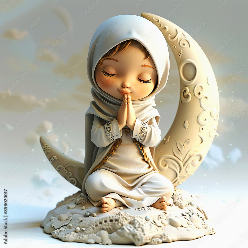 Canvas Prints 3d muslim girl in hijab praying with crescent moon on background. beautiful muslim girl in hijab