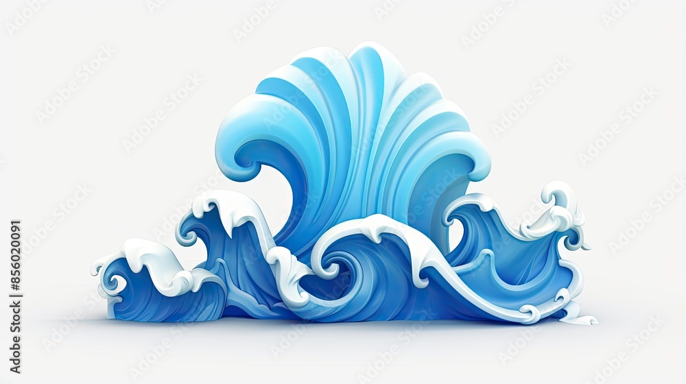 Poster 3d rendering of a blue and white wave. the wave is in the foreground and is isolated on a white back