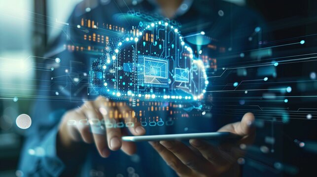 A cloud migration project, with IT professionals moving data to cloud platforms, emphasizing the role of cloud computing and SaaS in modernizing IT infrastructure. Digital transformation. SaaS Power