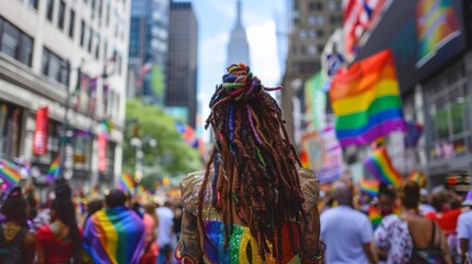 Black woman with dreadlocks in a colorful outfit at a pride parade on a street.