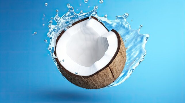 3D rendering of a coconut being cracked open with a splash of water. The coconut is surrounded by a blue background and is in the center of the image.