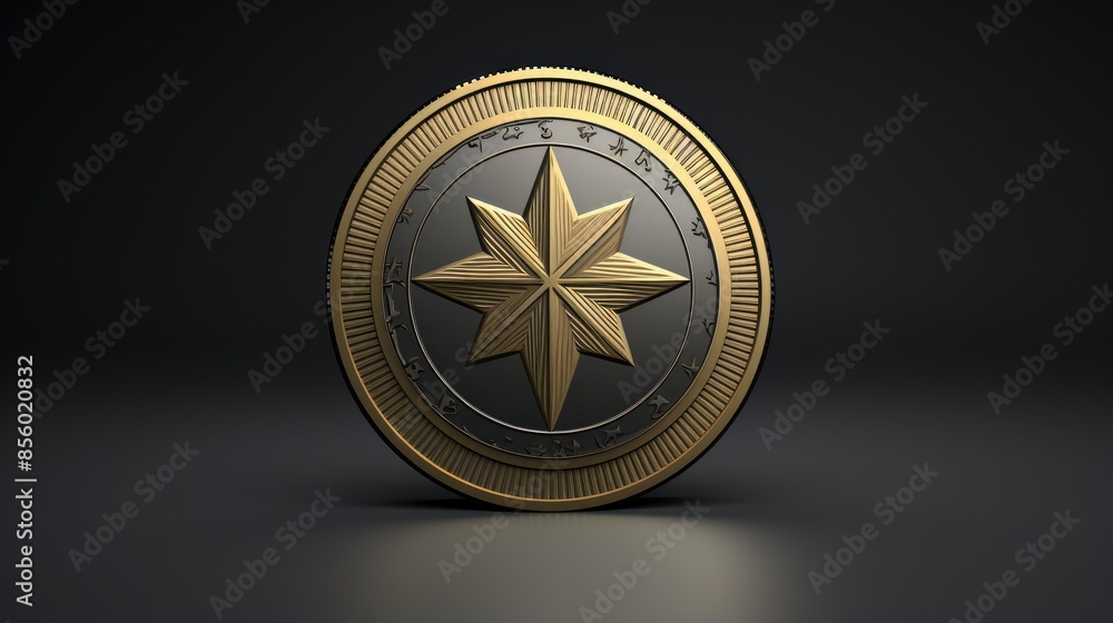 Poster a 3d rendering of a shiny gold coin with an eight-pointed star in the center. the coin is surrounded