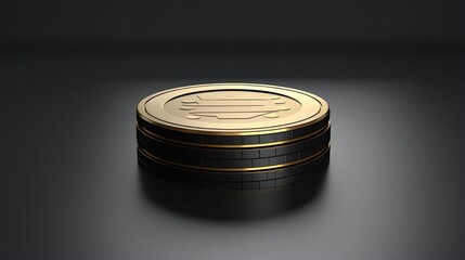 3D rendering of a stack of black and gold crypto currency coins with a glowing golden bitcoin symbol on the top coin.