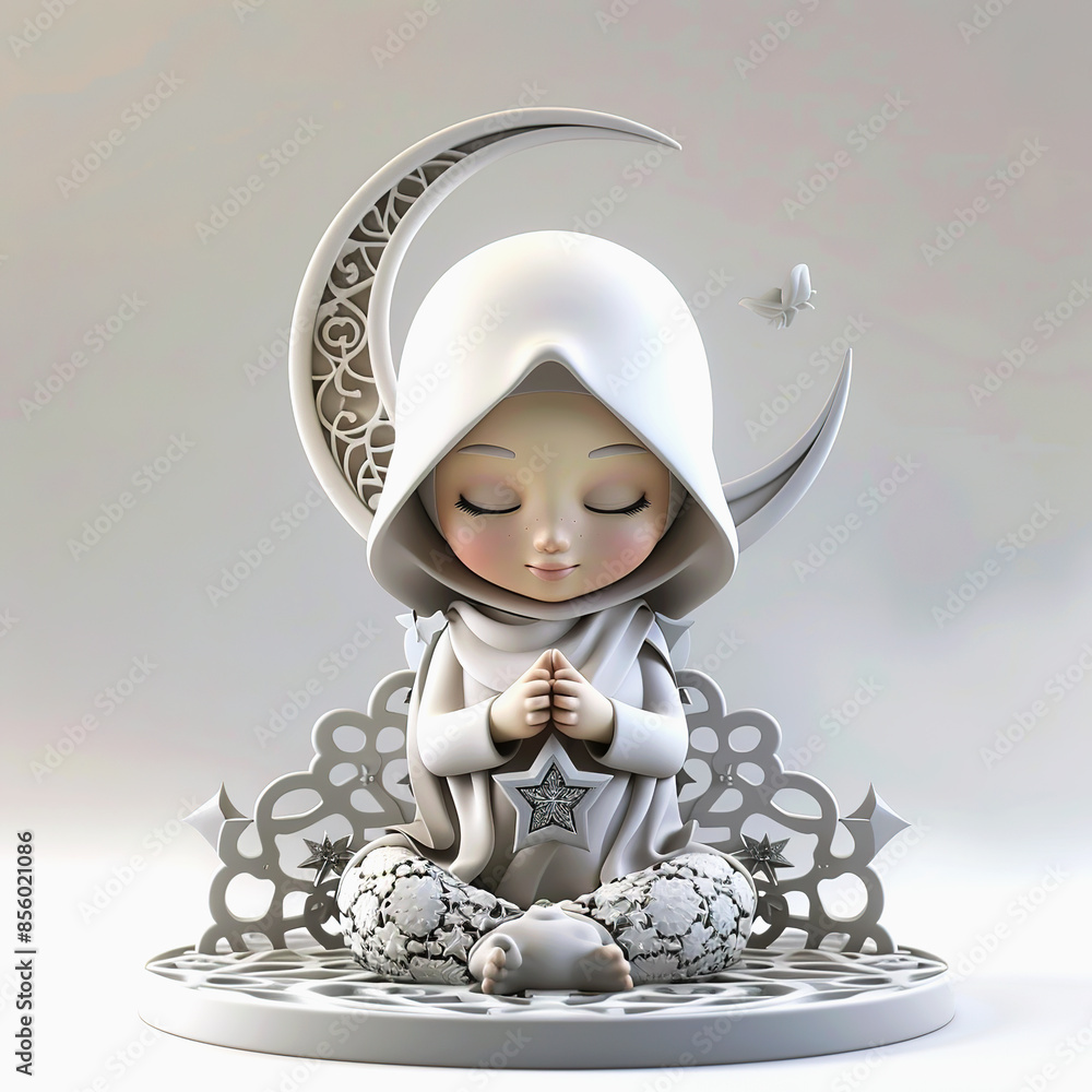 Canvas Prints 3D islamic girl in hijab praying with crescent moon on background. Beautiful muslim girl in hijab