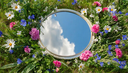 a round mirror lies in the grass with flowers and reflects the blue sky with clouds, top view, summer vacation wallpaper