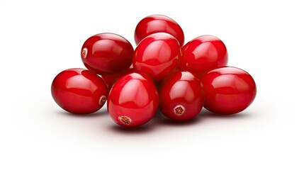 A pile of fresh, ripe cranberries on a white background. The cranberries are plump and juicy, with a bright red color.